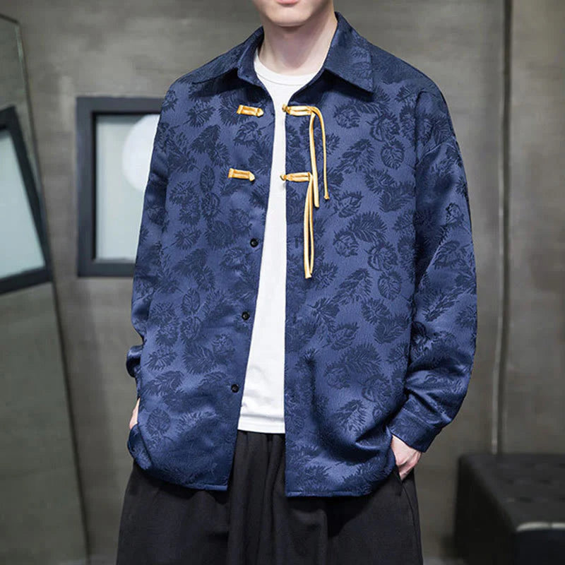 Buddha Stones Frog-Button Leaves Pattern Long Sleeve Men's Tang Suit Jacket