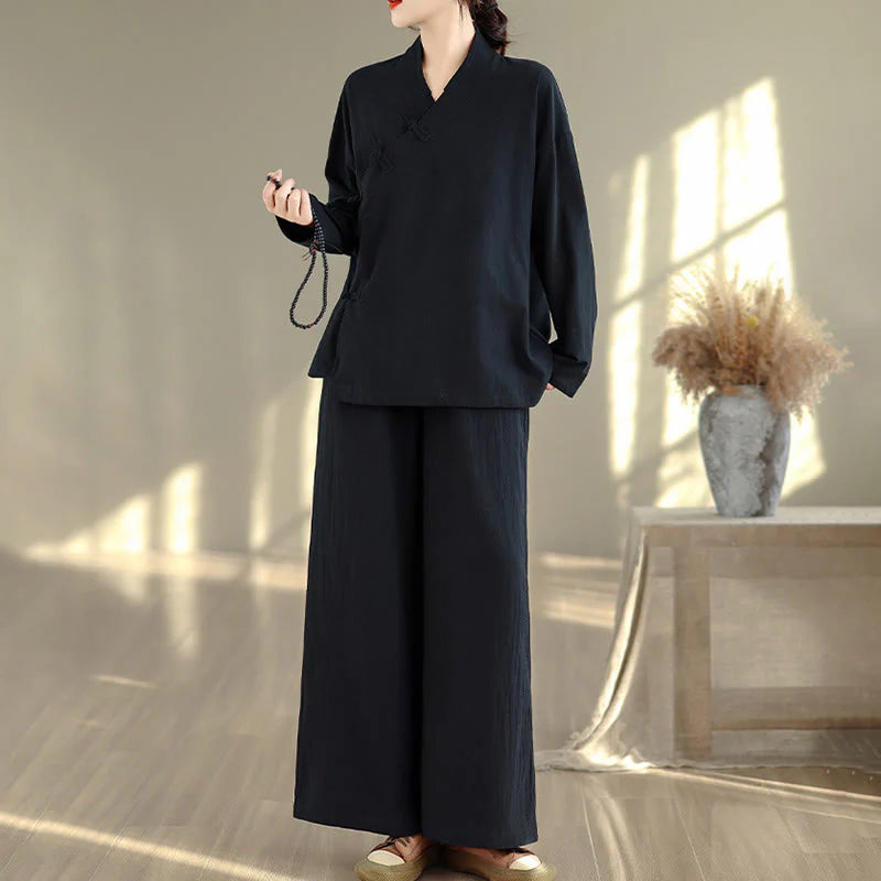 Buddha Stones 2Pcs V-Neck Long Sleeve Shirt Wide Leg Pants Zen Meditation Women's Set