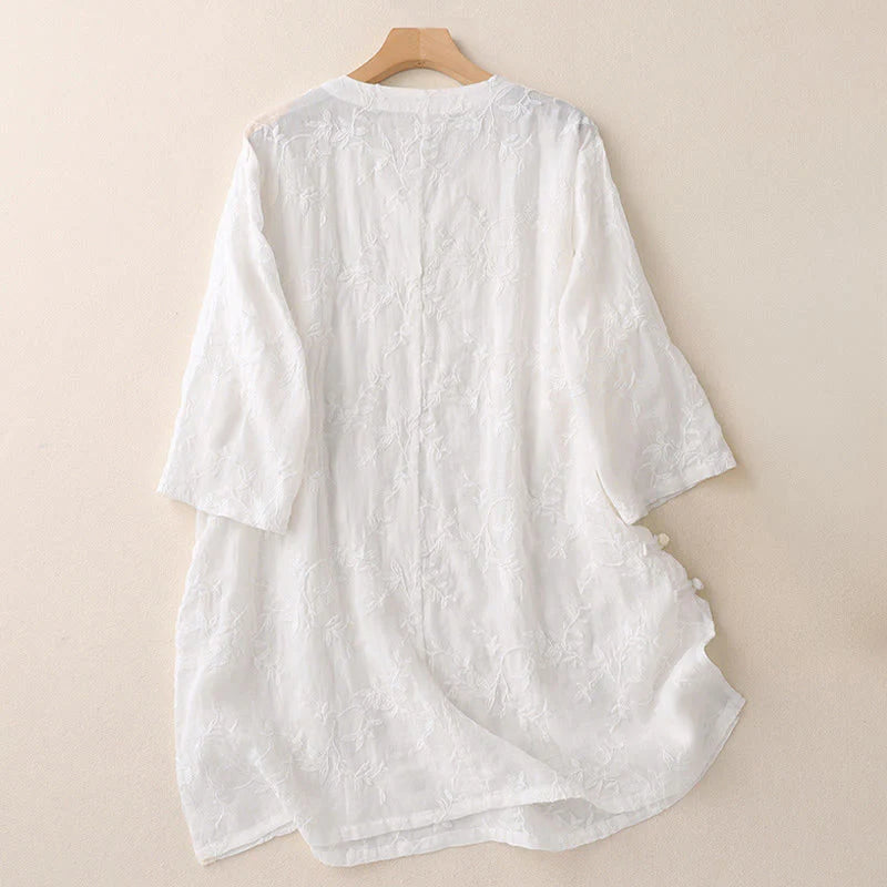 Buddha Stones Spring V-Neck Long Sleeve Leaf Pattern Women's Cotton Shirt