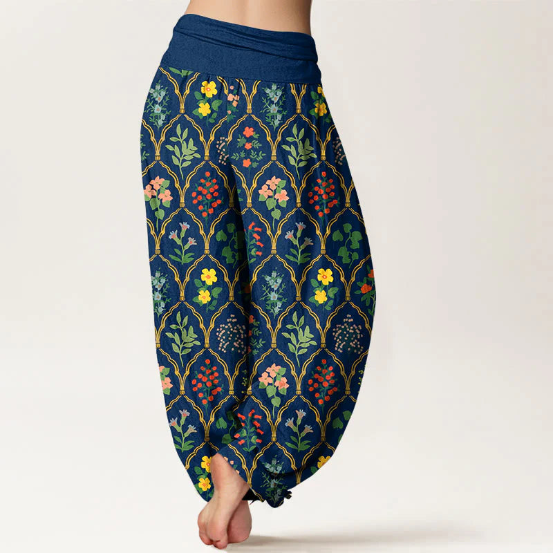 Buddha Stones Pure Cotton Brilliant Flowers Berries Leaves Pattern Women's Elastic Waist Harem Pants