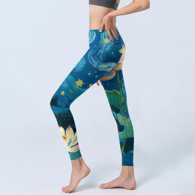 Buddha Stones Lotus Flowers Starry Sky Pattern Print Gym Leggings Women's Yoga Pants