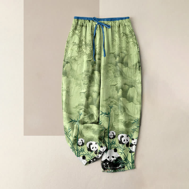Buddha Stones Cotton Pandas Bamboo Print Elastic Waist Women's Pants With Pockets