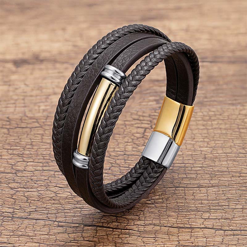 Buddha Stones Multi-layered Simple Design Leather Titanium Steel Balance Bracelet