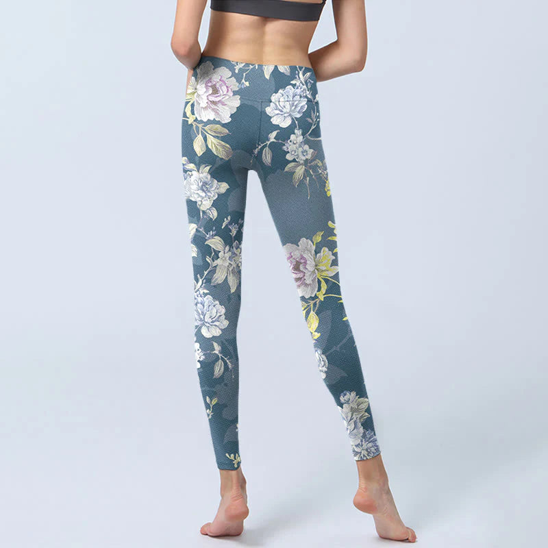 Buddha Stones Softly Colored Flower Leaf Pattern Print Gym Leggings Women's Yoga Pants