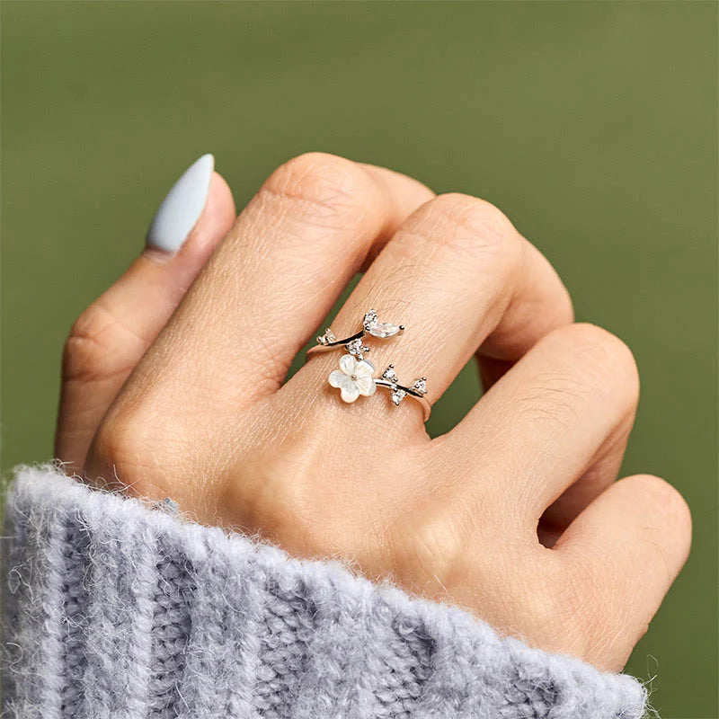 Buddha Stones 925 Sterling Silver White Flower Design Adjustable Blessing Ring