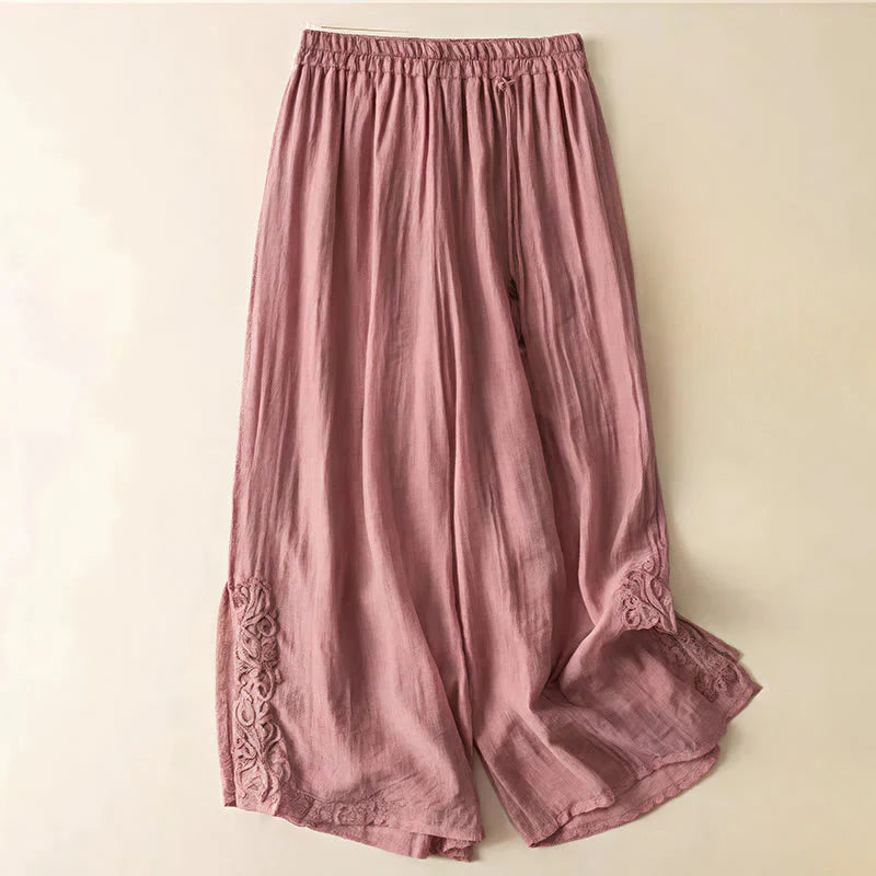 Buddha Stones Retro Casual Embroidery Design Drawstring Cotton Linen Women's Wide Leg Pants With Pockets