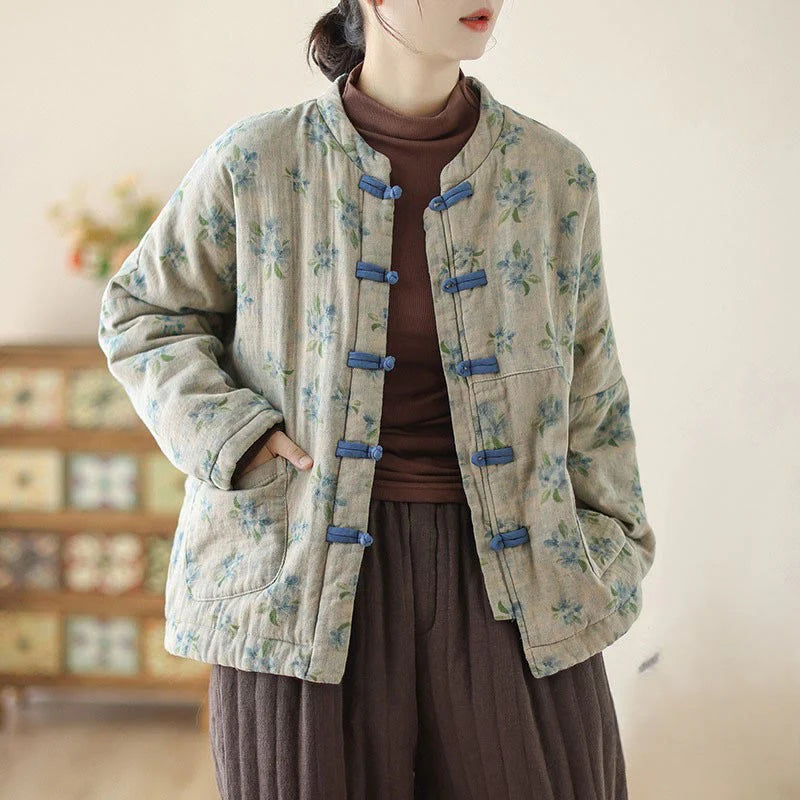 Buddha Stones Women's Long Sleeve Thermal Cotton Printed Florwer Pattern Jacket With Pockets