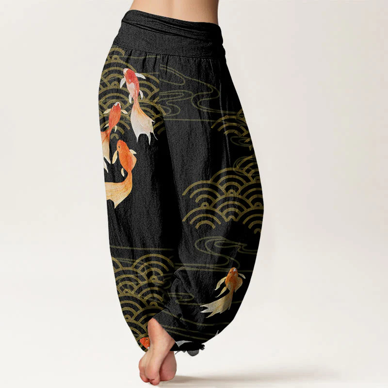 Buddha Stones Pure Cotton Red Koi Fish Fan-shaped Waves Women's Elastic Waist Harem Pants