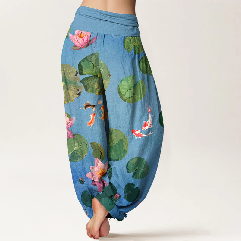 Buddha Stones Print Koi Fish Lotus Flowers Pattern Women's Elastic Waist Harem Pure Cotton Pants