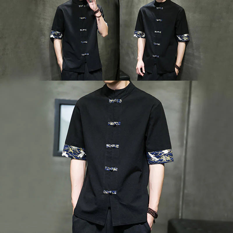 Buddha Stones Solid Color Frog-Button Stand Collar Men's Short Sleeve White Crane Cotton Shirt