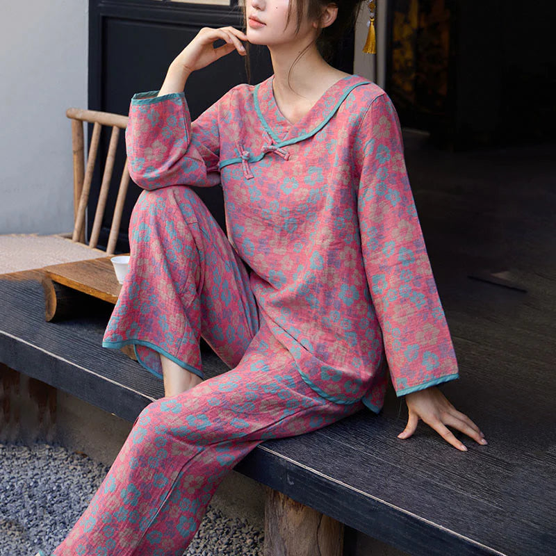 Buddha Stones 2pcs Floral Pattern Frog-Button Long Sleeve Round Neck Shirt Pants Cotton Pajamas Set