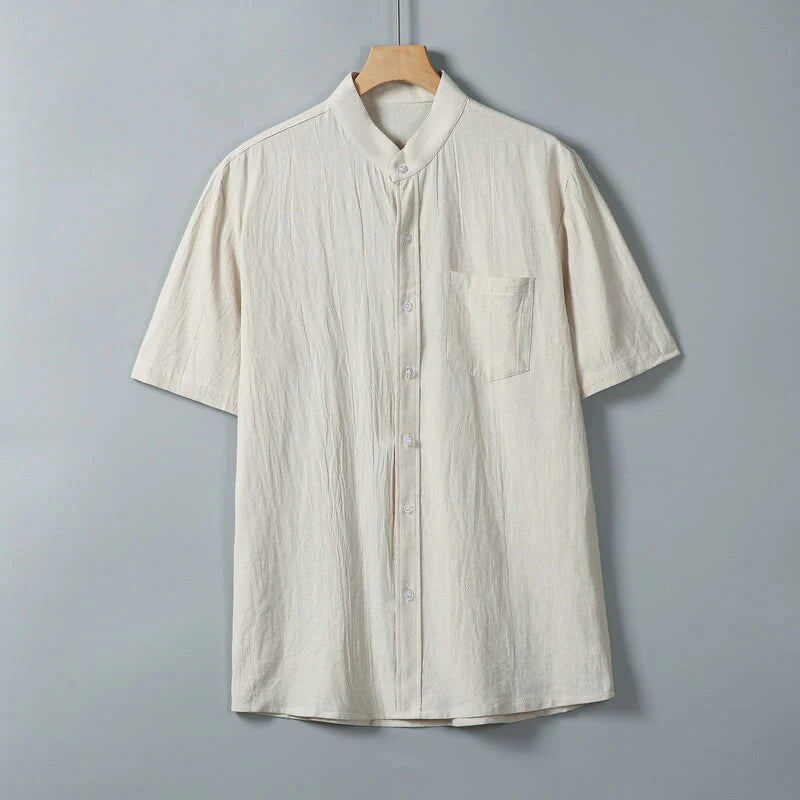 Buddha Stones Daily Printing Solid Color Single Breasted Men's Short Sleeve Cotton Linen Shirt WIth Pockets