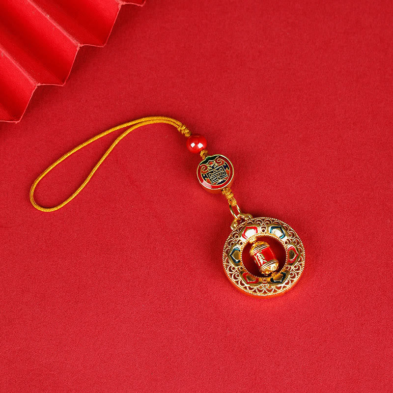 Buddha Stones Copper Prayer Wheel Five Directions Gods Of Wealth Balance Rotatable Key Chain