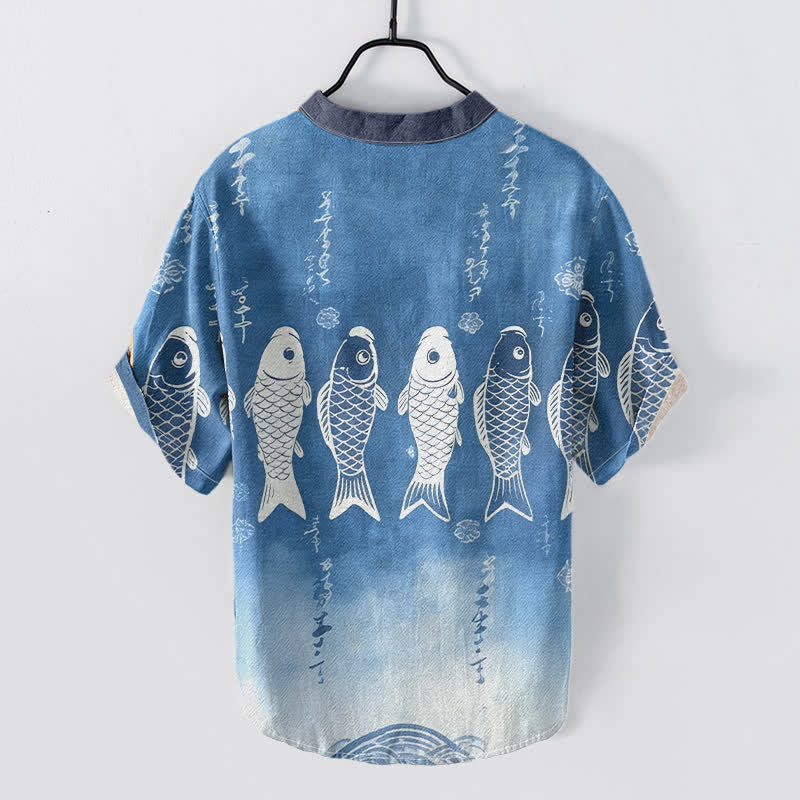 Buddha Stones Cotton Koi Fish Emblem Men's Short Sleeve Half Button Shirt