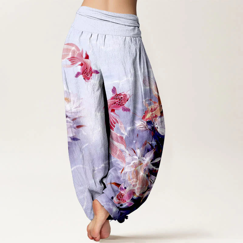 Buddha Stones Pure Cotton Light-Colored Koi Fish Lotus Flower Pattern Women's Elastic Waist Harem Pants