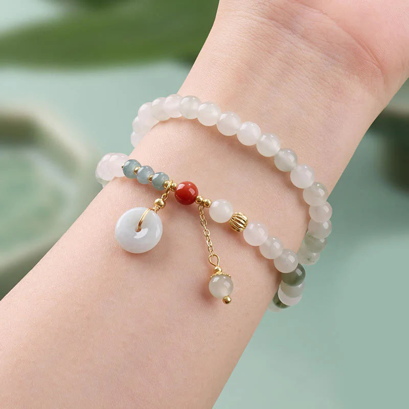Buddha Stones Jade Peace Buckle Luck Abundance Double Wrap Bracelet