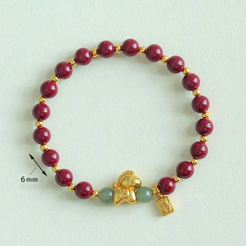 Buddha Stones Chinese Zodiac Year of the Horse Fu Character Cinnabar Hetian Jade Blessing Bracelet