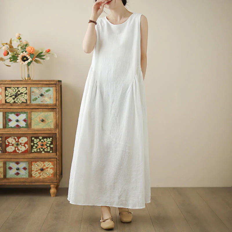 Buddha Stones FloralWhite Casual Back Buttons Design Sleeveless Cotton Midi Dress With Pockets