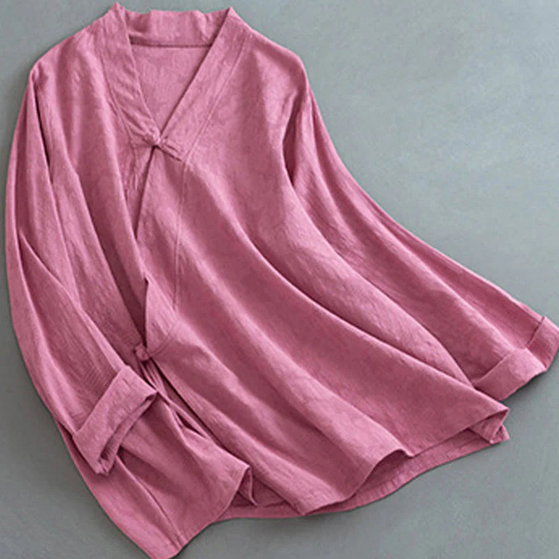 Buddha Stones Casual Solid Color Frog Button Long Sleeve Zen Cotton Linen Women's Shirt