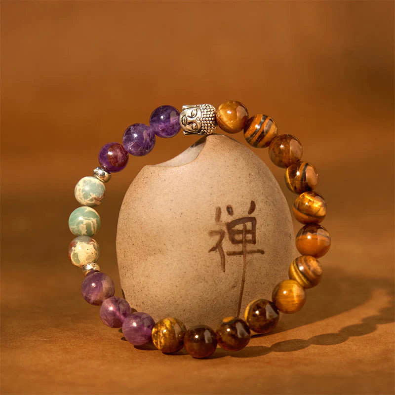 Buddha Stones Natural Black Onyx White Stone Green Aventurine Tiger Eye Agate Mixed Color Buddha Head Protection Bracelet
