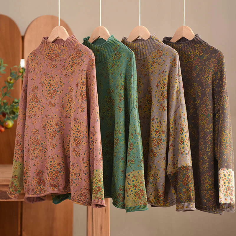 Buddha Stones Fall Printing Floral Long Sleeve Mock Neck Women's Knitted Cotton Sweater