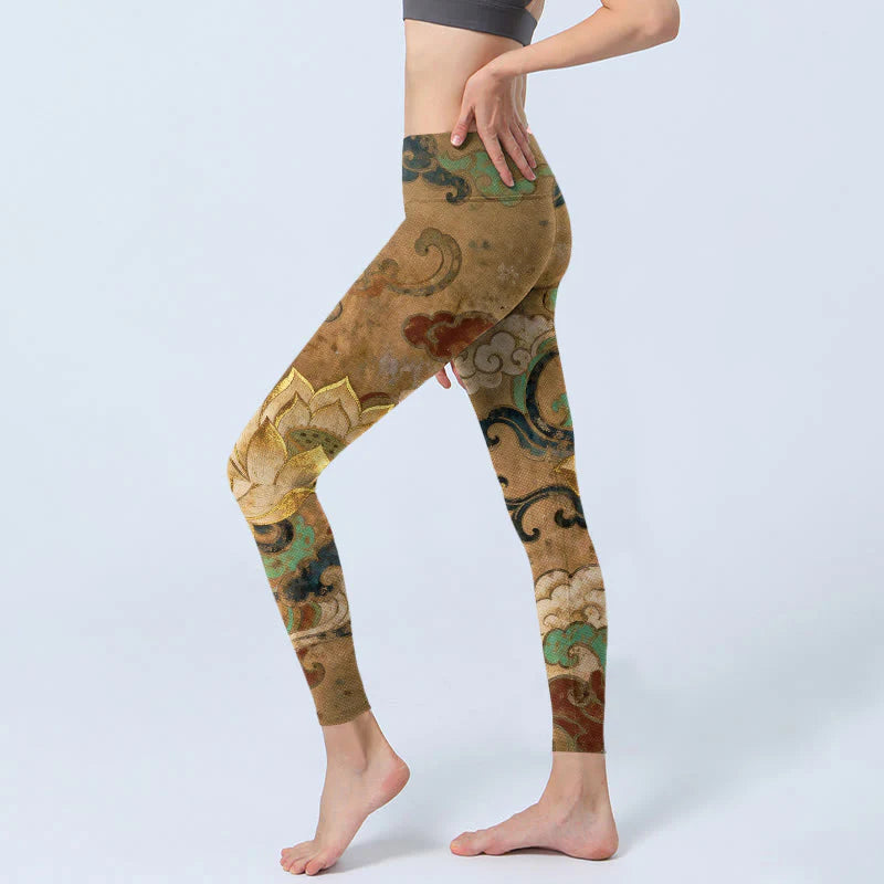 Buddha Stones Traditional Lotus Flower Cloud Pattern Print Gym Leggings Women's Yoga Pants