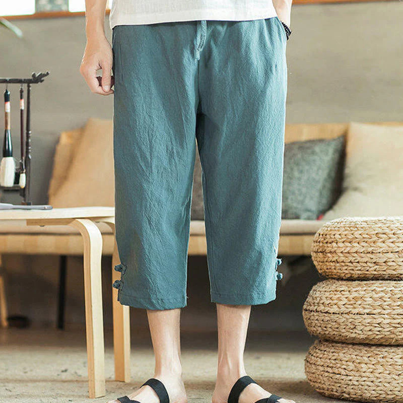 Buddha Stones Crane Embroidery Cotton Men's Cropped Harem Pants With Pockets