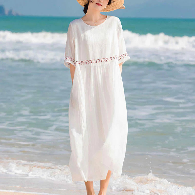 Buddha Stones Solid Color Embroidery Short Sleeve Cotton Midi Dress