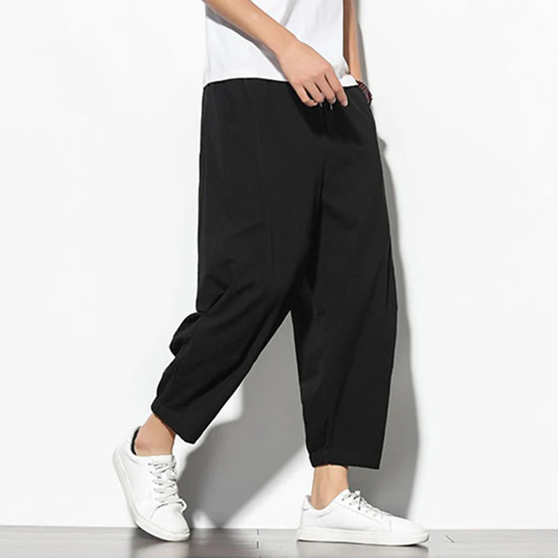 Buddha Stones Summer Men's 7-8 Length Cotton Linen Carrot Pants With Pockets
