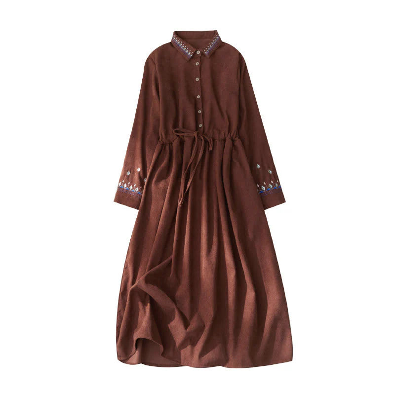 Buddha Stones Embroidered Floral Pattern Lace-up Design Long Sleeve Midi Dress With Pockets