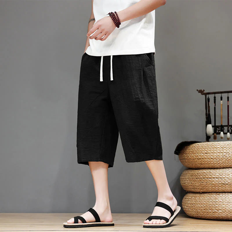 Buddha Stones Vintage Jacquard Solid Color Drawstring Cropped Cotton Linen Men's Harem Pants With Pockets