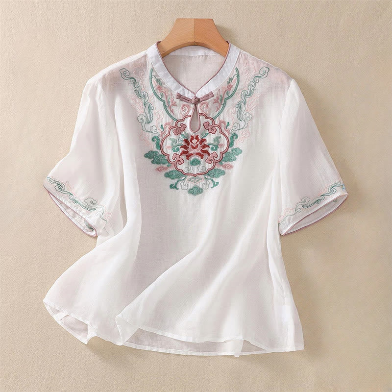 Buddha Stones Casual Retro Embroidery Frog-Button Design Women's Cotton Linen Half Sleeve Shirt