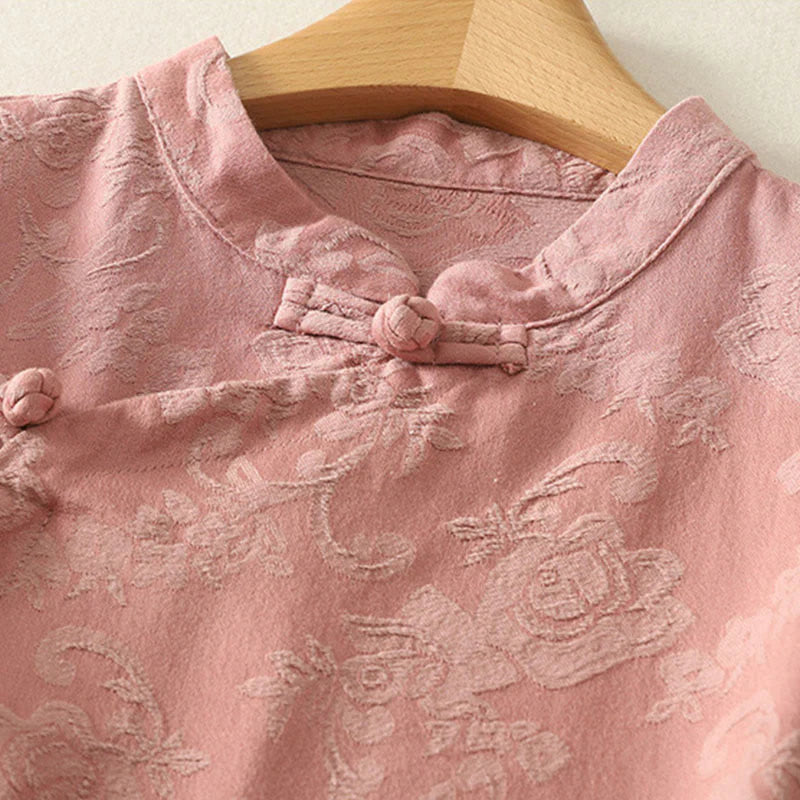 Buddha Stones Spring Plain Jacquard Design Women's Cotton Zen Long Sleeve Shirt