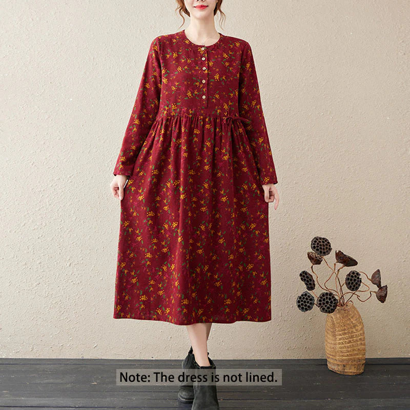 Buddha Stones Ethnic Printing Floral Long Sleeve Buttons Design Cotton Linen Midi Dress With Pockets