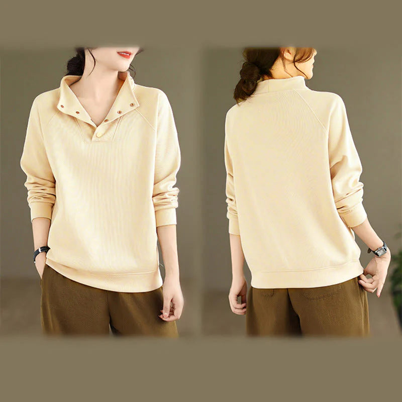 Buddha Stones Fall Solid Stand Collar Buttons Design Long Sleeve Women's Cotton Sweatshirt