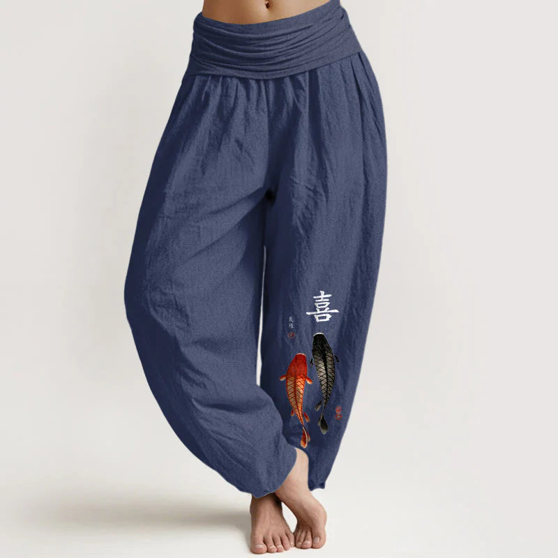 Buddha Stones Pure Cotton Concise Koi Fish Chinese Character Pattern Women's Elastic Waist Harem Pants