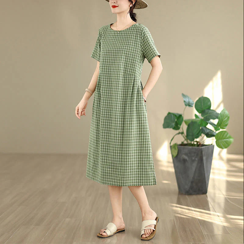 Buddha Stones Retro Solid Color Plaid Pattern Crew Neck Short Sleeve Cotton Linen Midi Dress With Pockets