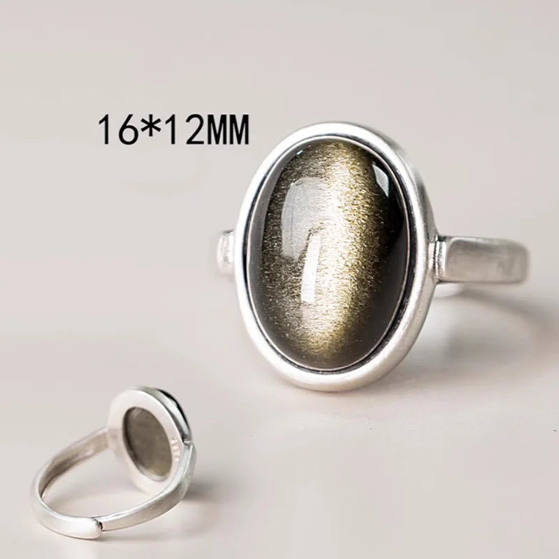 Buddha Stones Natural 925 Sterling Silver Gold Sheen Obsidian Adjustable Wealth Ring
