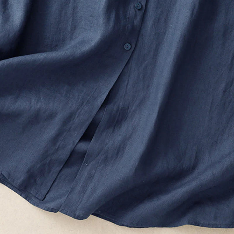 Buddha Stones Fall Commute Plain Buttons Design Long Sleeve Cotton Midi Dress With Pockets