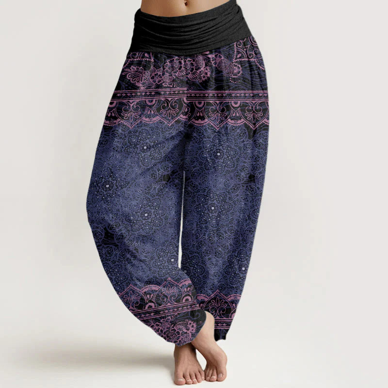 Buddha Stones Cotton Elegant Mandala Flowers Design Women's Elastic Waist Harem Pants