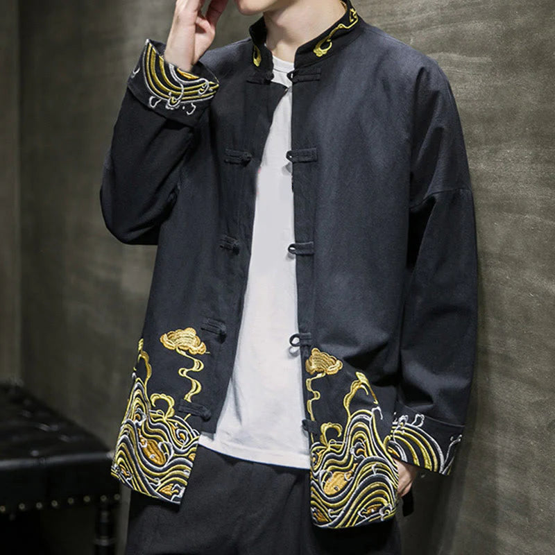 Buddha Stones Embroidered Clouds Frog-Button Long Sleeve Men's Cotton Tang Suit Jacket