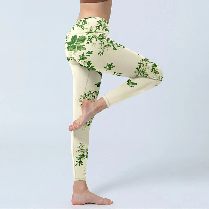 Buddha Stones Fresh Tree Flower Leaf Bird Pattern Print Gym Leggings Women's Yoga Pants