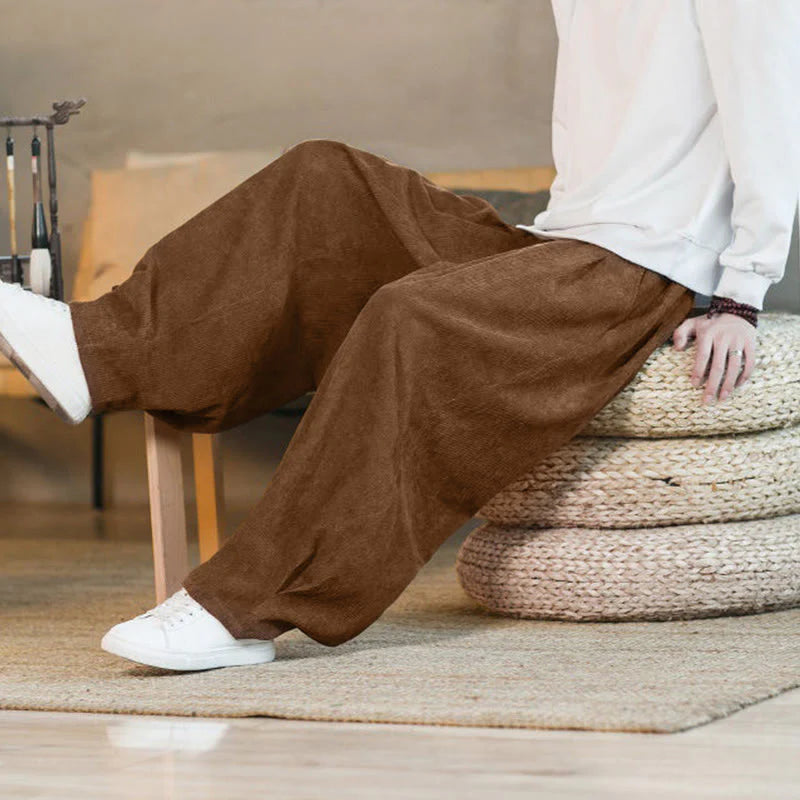 Buddha Stones Retro Men's Plain Fleece-Lined Corduroy Simple Design Harem Pants With Pockets