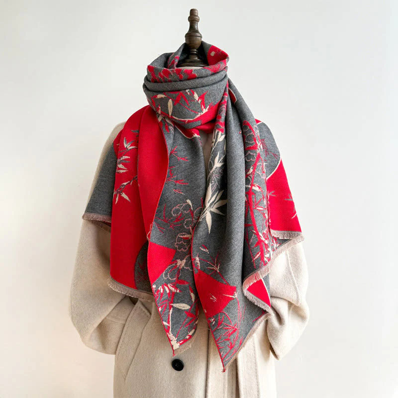 Buddha Stones Winter Fan Bamboo Peony Flowers Pattern Cozy Scarf Shawl