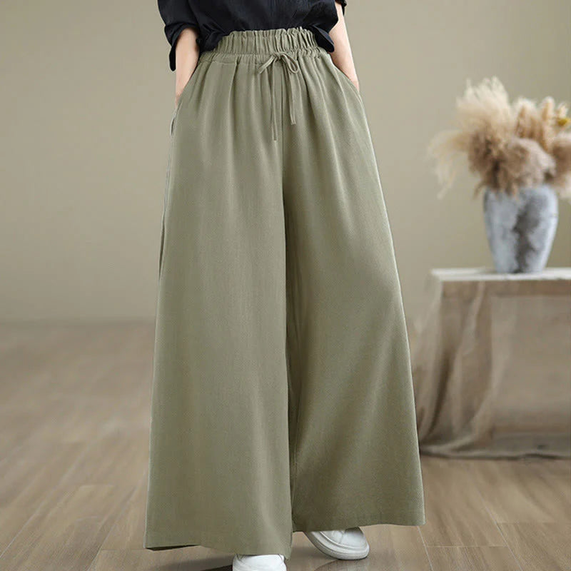 Buddha Stones Women's Pure Color Drawstring Cotton Linen Wide Leg Ankle-Length Pants With Pockets