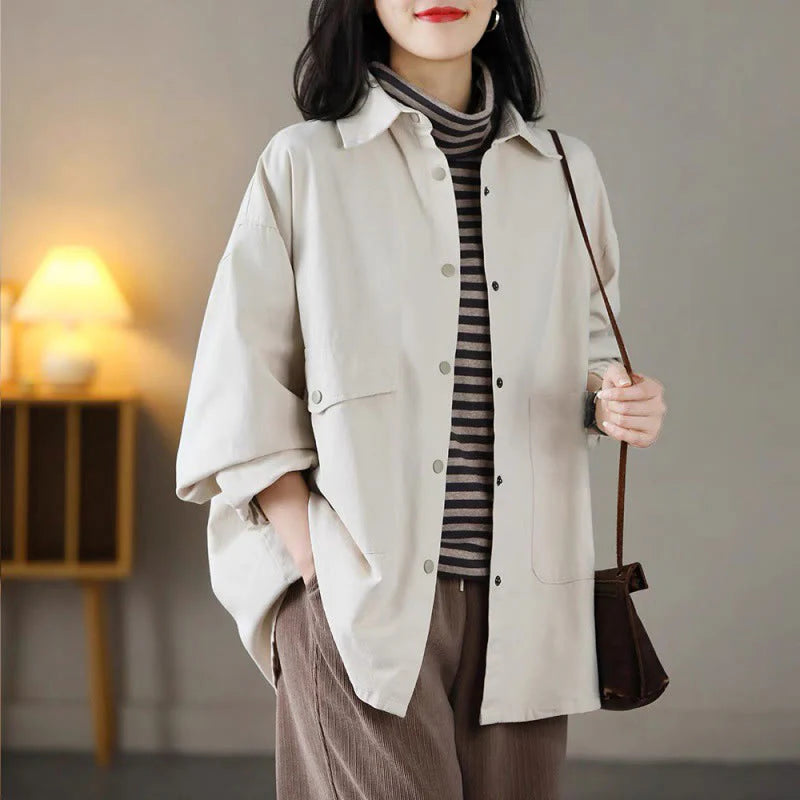 Buddha Stones Vintage Casual Pure Color Lapel Women's Cotton Jacket With Pockets