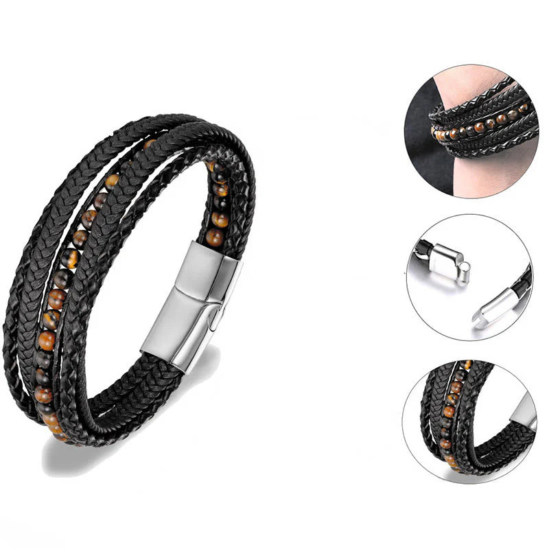 Buddha Stones Hematite Indian Agate Tiger Eye Amazonite Beaded Leather Strengthen Bracelet