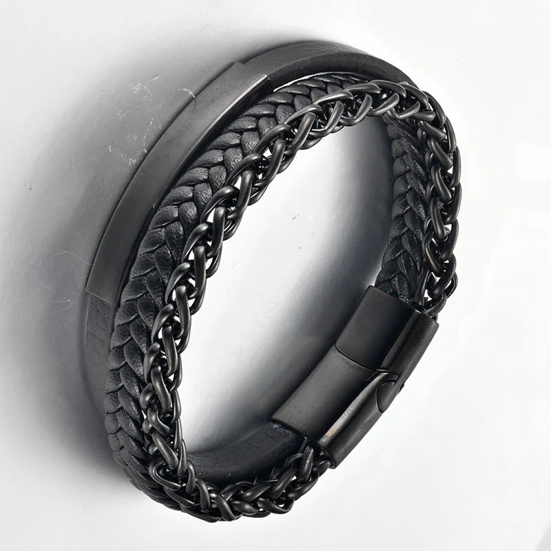 Buddha Stones Titanium Steel Balance Calm Leather Woven Bracelet