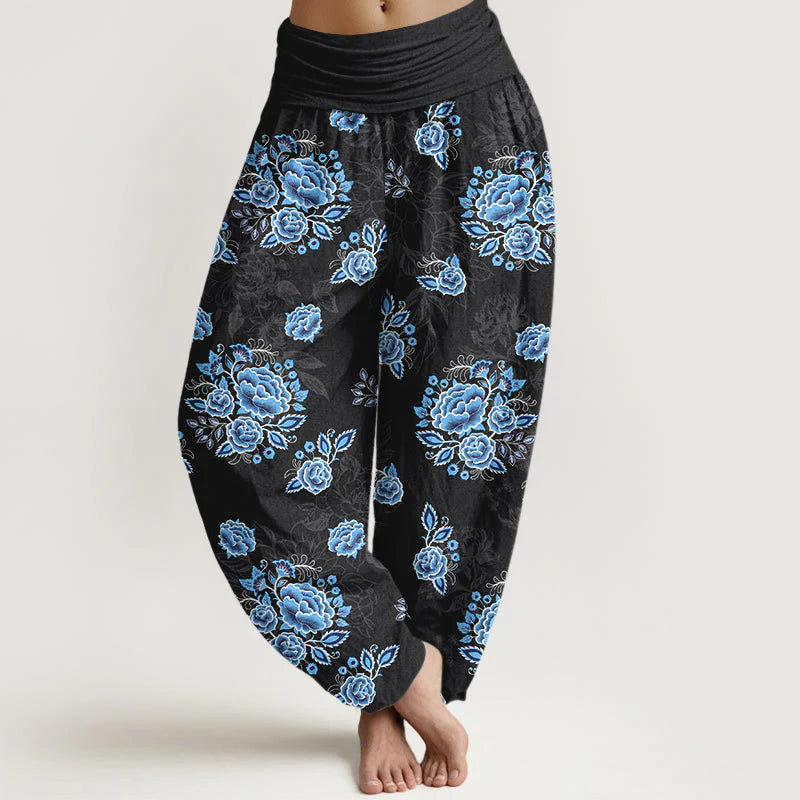Buddha Stones Pure Cotton Blue Flower Pattern Women's Elastic Waist Harem Pants