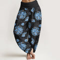 Buddha Stones Pure Cotton Blue Flower Pattern Women's Elastic Waist Harem Pants